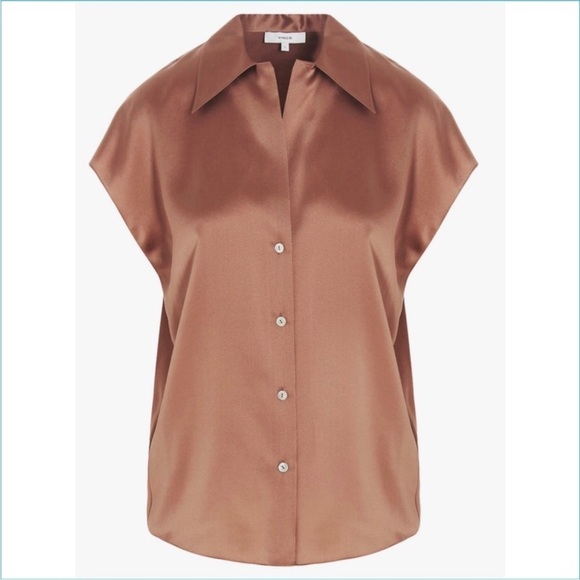 Vince 100% silk V-neck cap sleeve button up - Picture 2 of 8